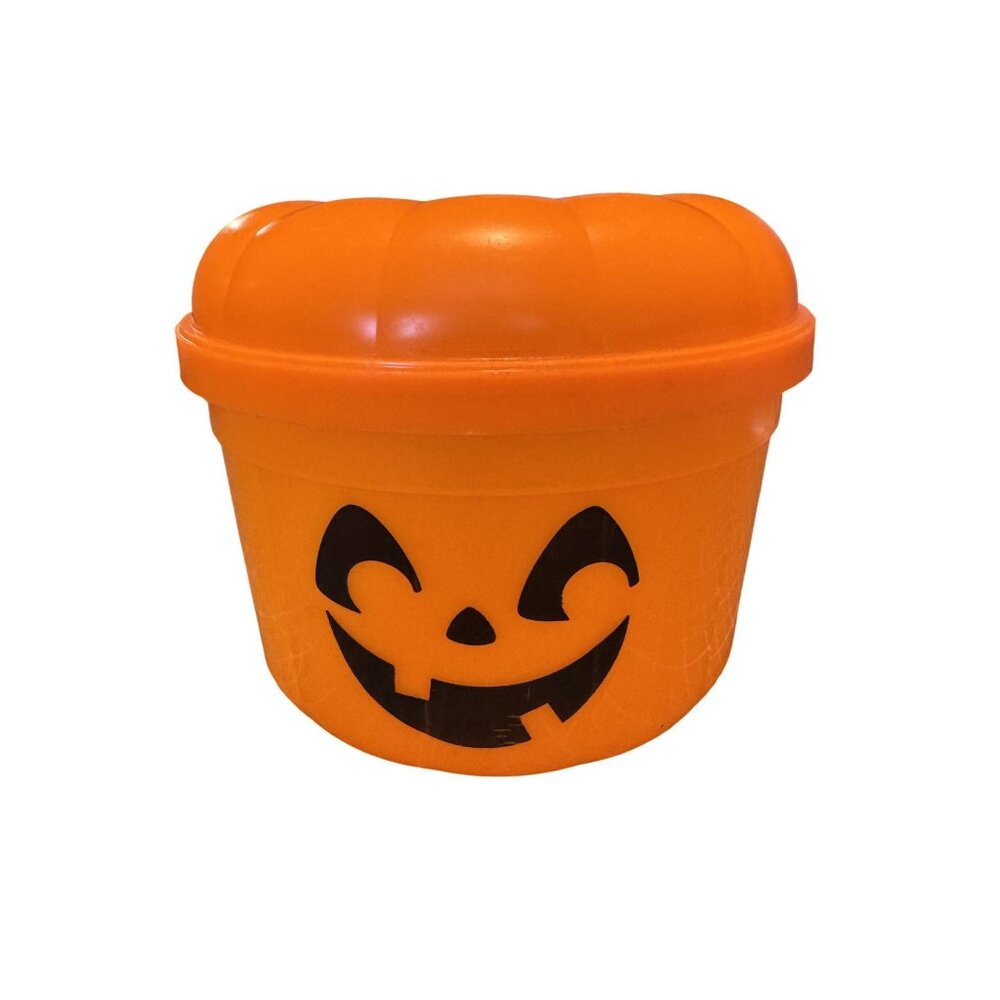 Vintage 1986 McDonalds Halloween Pumpkin Pail With Lid & Handle - Orange Plastic